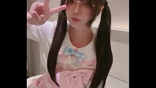 Cute big-dick femboy Aroma jerks off in a pink dress plus cums